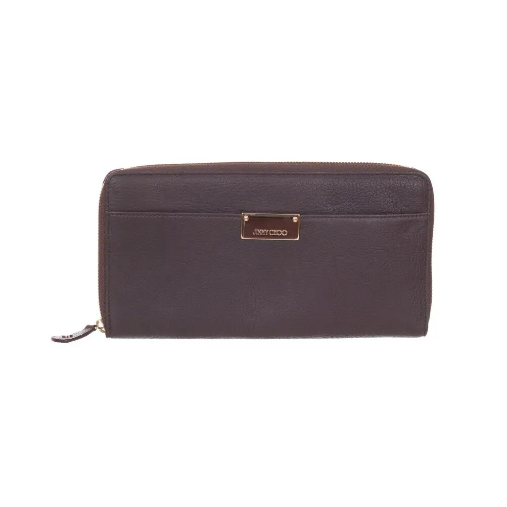 Women`s Dark Brown Leather Logo Plaque Zip Around Clutch by Jimmy Choo