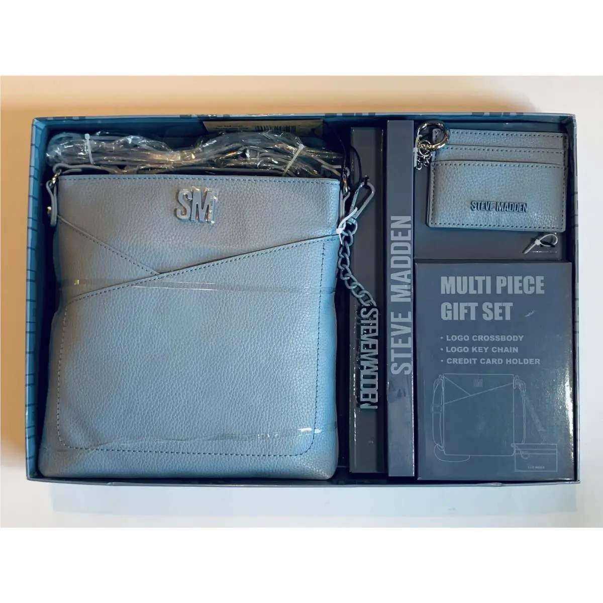 Womens Steve Madden Multi-piece Gift Set Blue - Bag Logo Key Chain CC Holder