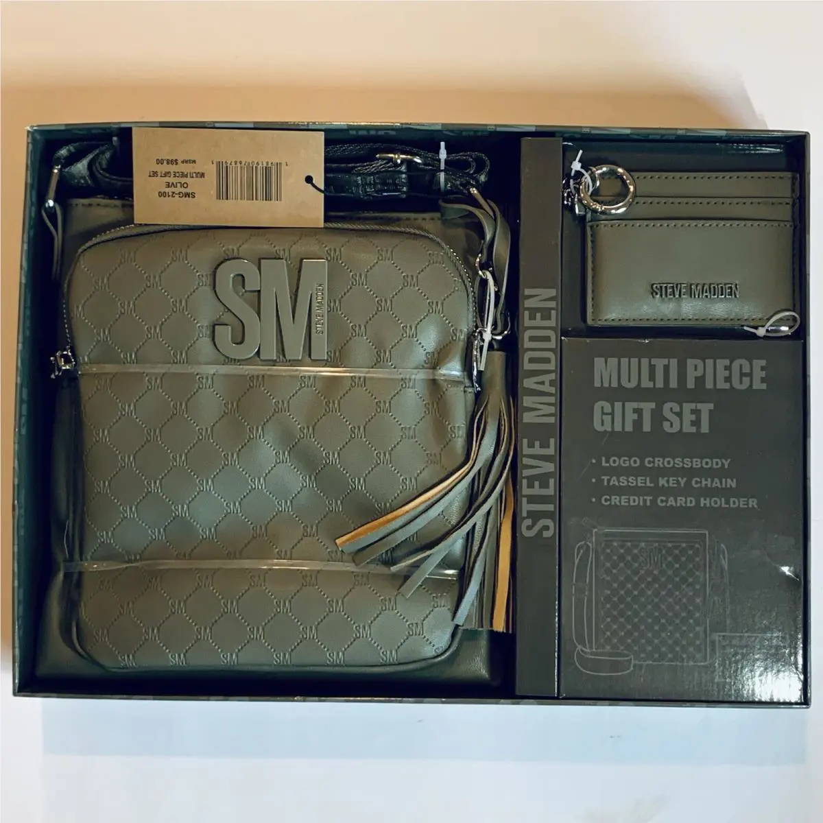 Womens Steve Madden Multi-piece Gift Set Olive -bag Tassel Key Chain CC Holder