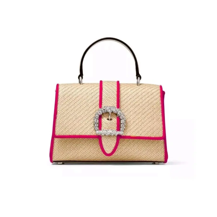 Jimmy Choo Cheri Tophandle Crossbody Handbag Pink Leather Raffia Jeweled 1.9K