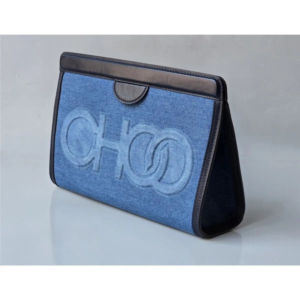 Jimmy Choo Clutch Blue Denim Navy Leather Pouch Bag Choo Logo Large - Amazing