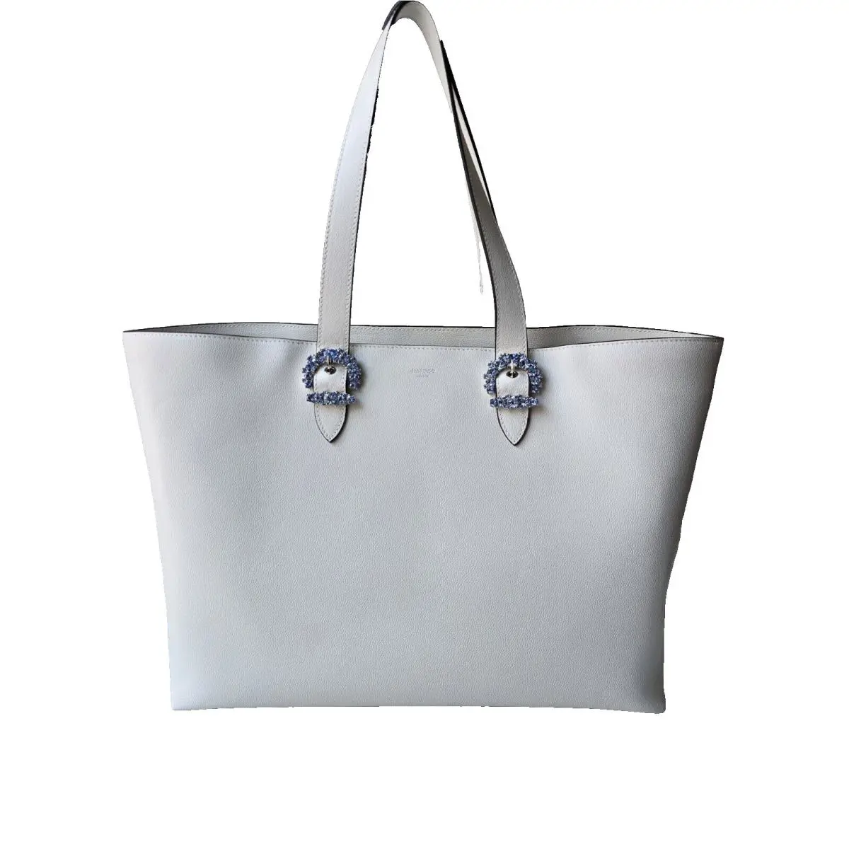 Jimmy Choo Cheri Tote White Milk Calfskin Leather Blue Crystal Buckles Bag 1.8K
