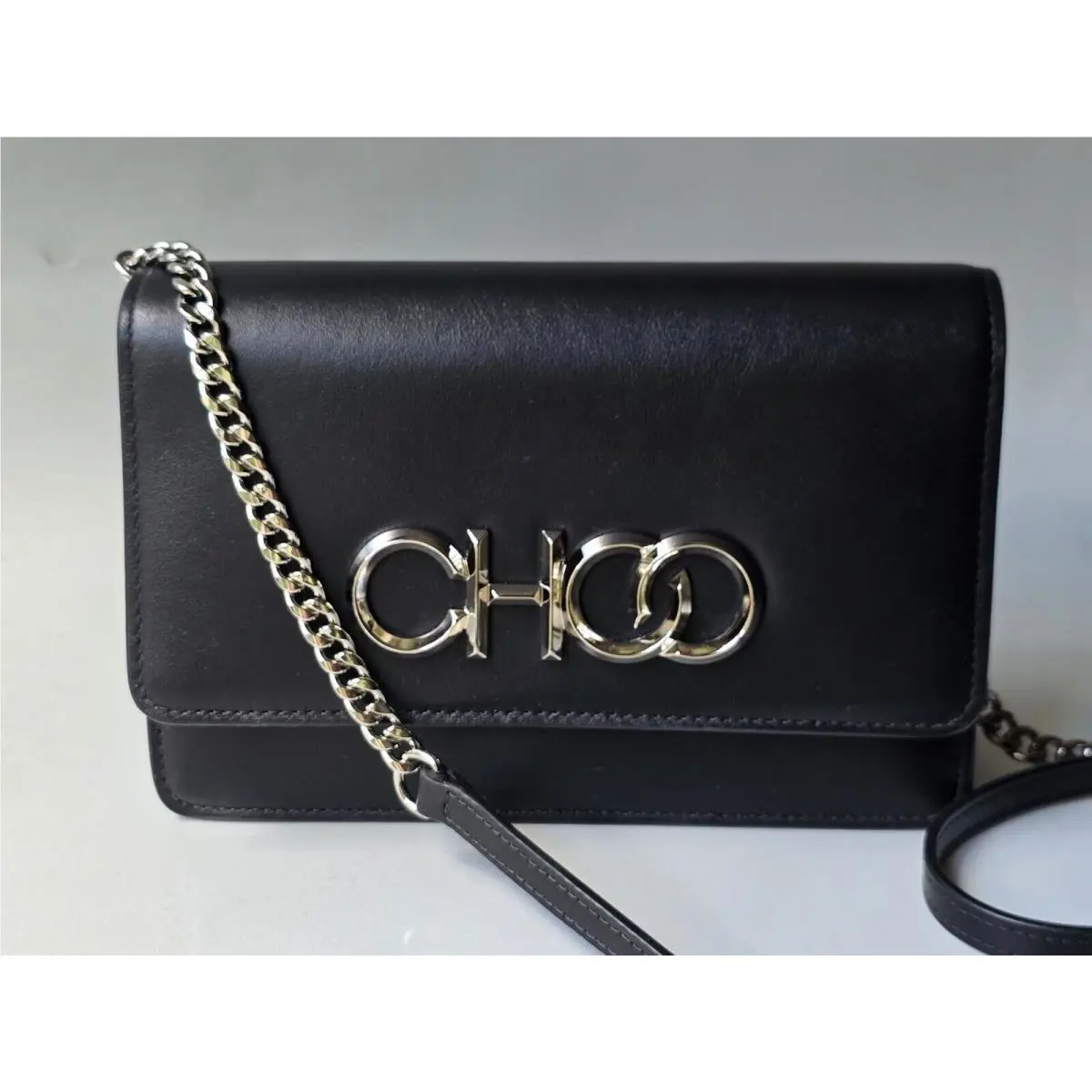 Jimmy Choo Black Leather Crossbody Bag Silver Chain Choo Logo Buckle Kalina