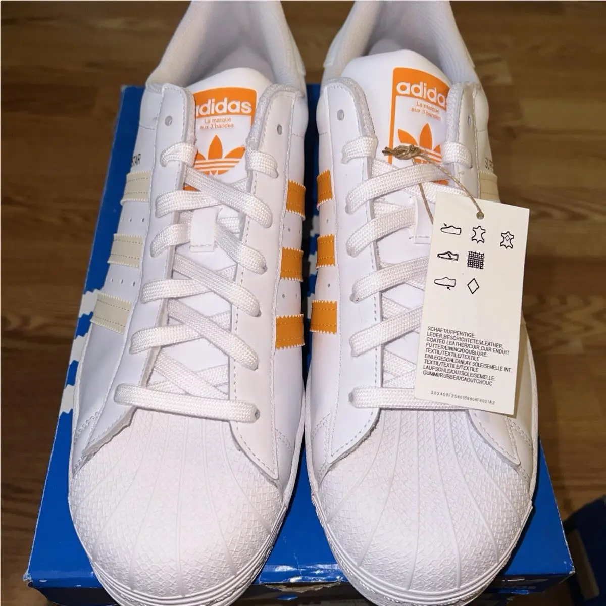 Size 11.5 Adidas Superstar White Ecru Tin Orange Leather Shoes GZ3737