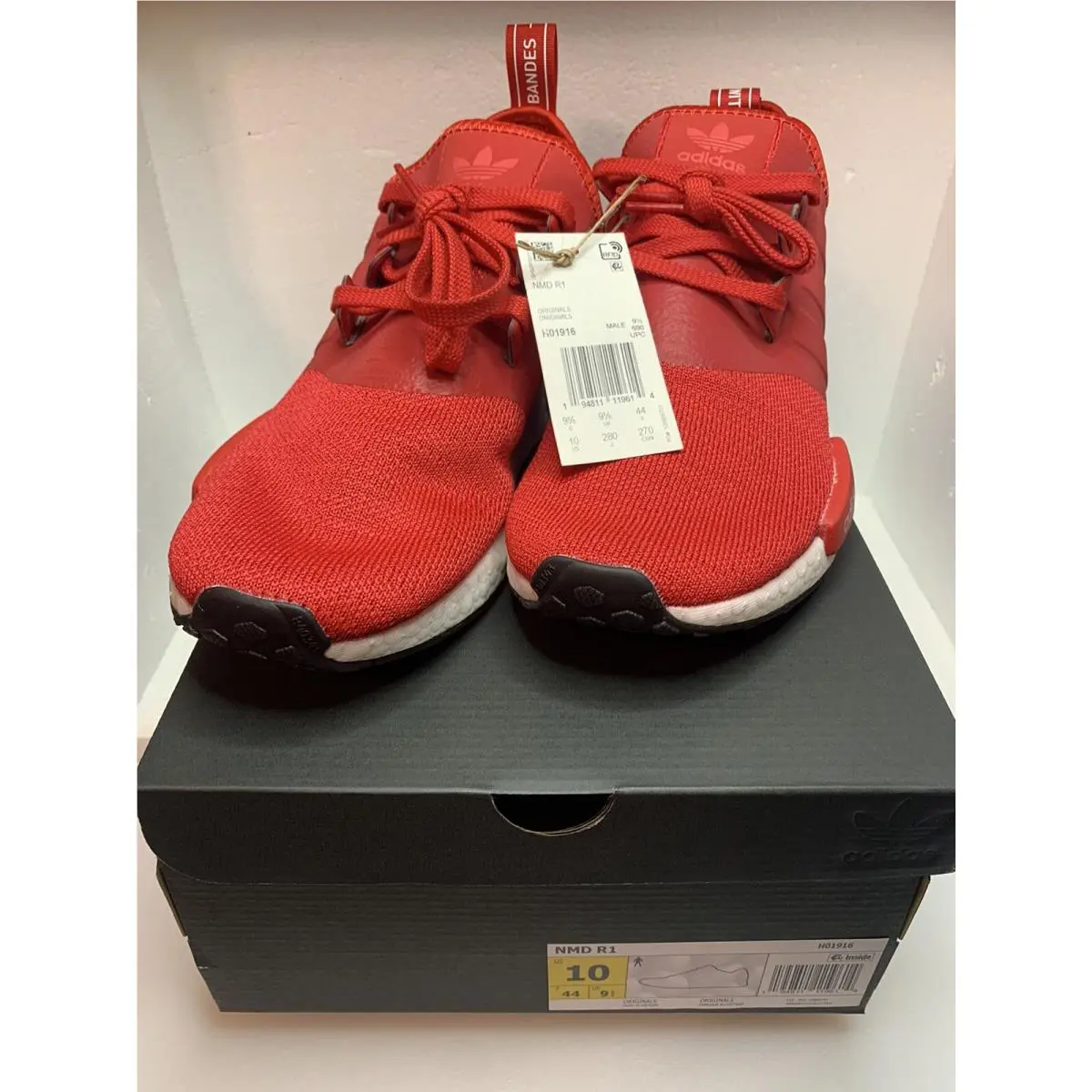 Sz- 10 Mens Adidas Originals Nmd R1 Shoes Scarlet/white/black H01916
