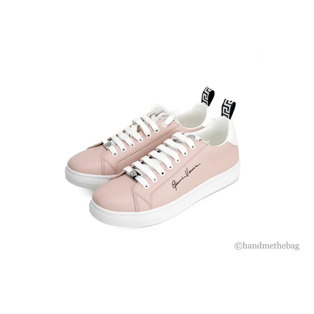 Versace Mens Powder Blush Vitello Leather Gianni Versace Signature Lace Sneakers