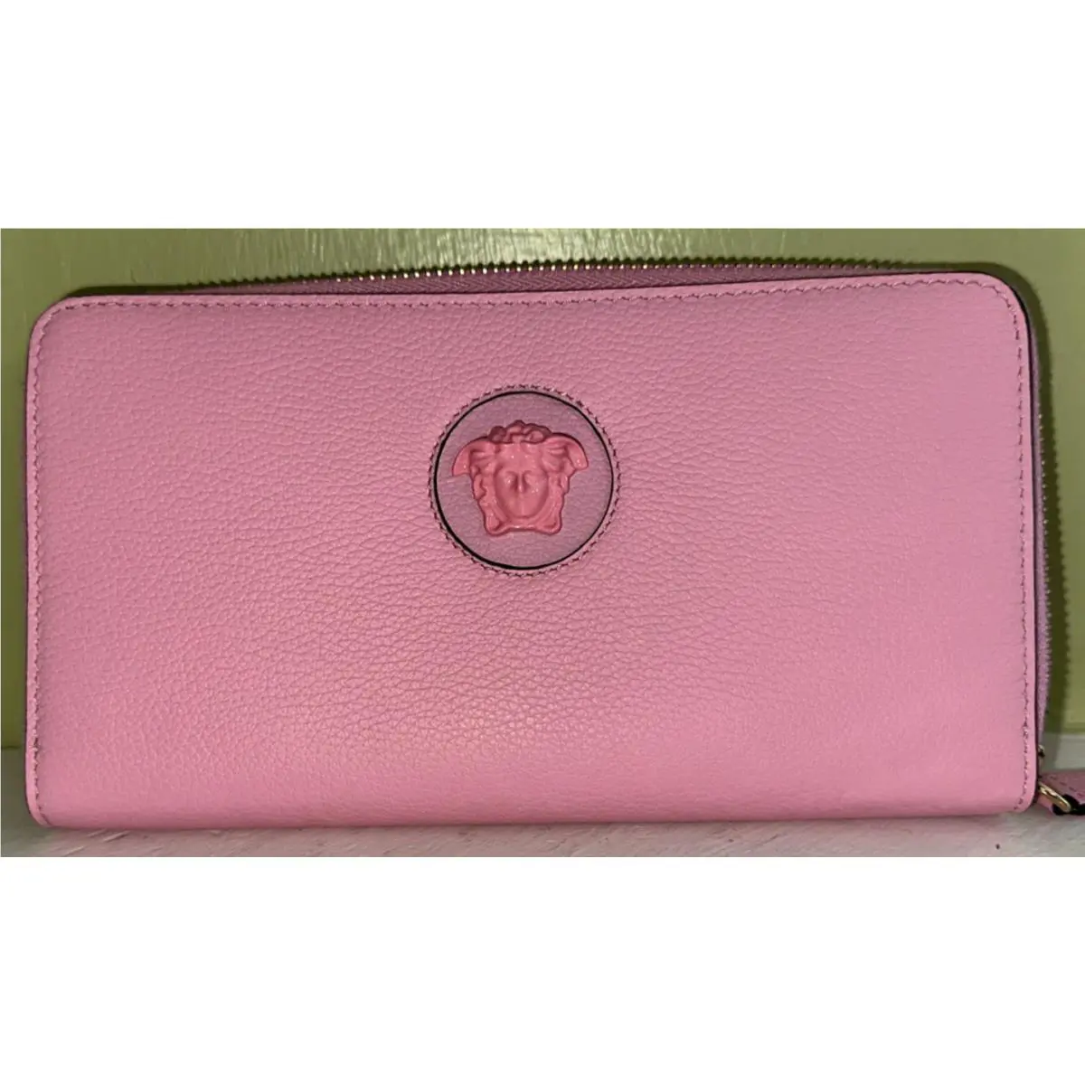 Versace Women`s Pink Pebbled Leather Logo Zip Around Wallet 7.5 X 4.5