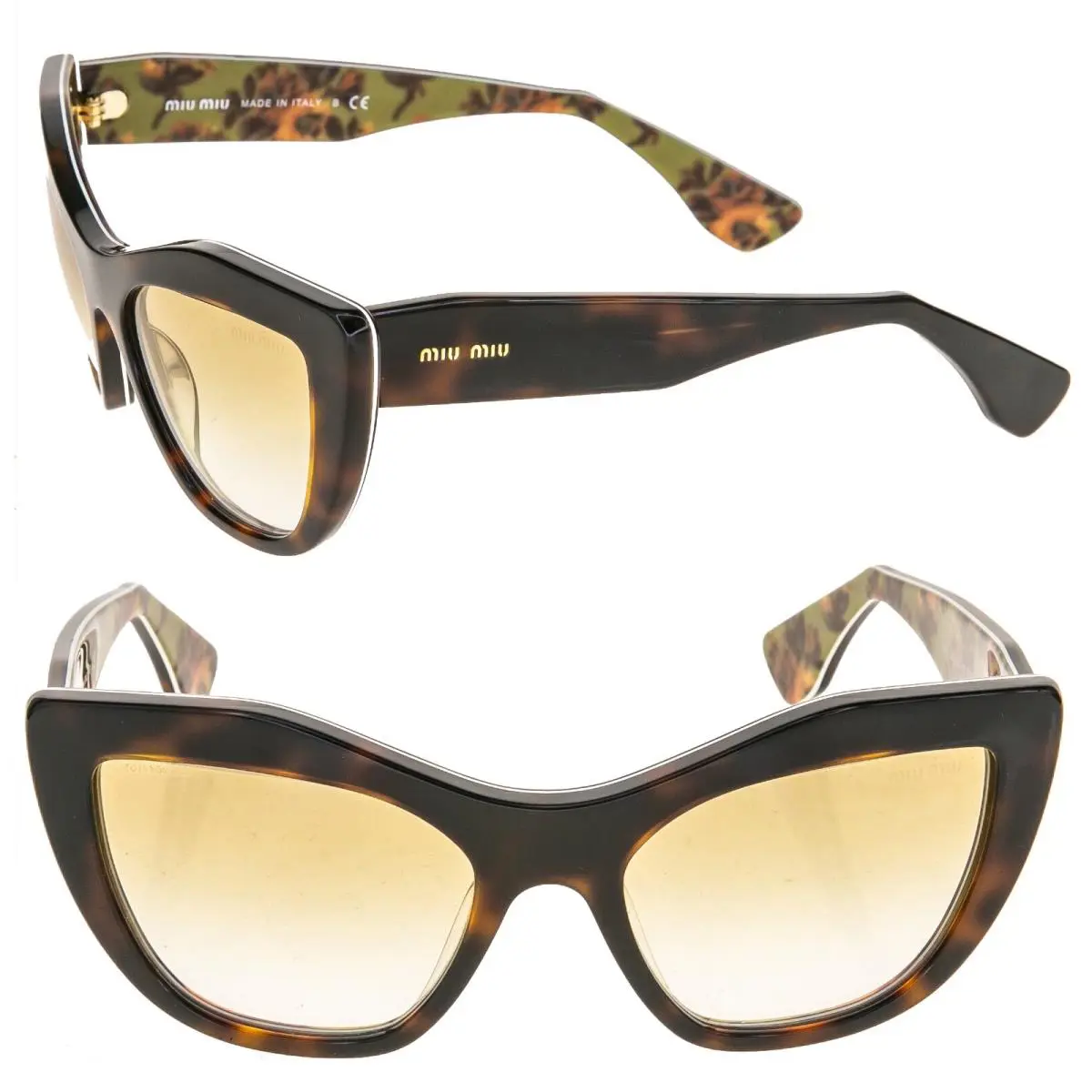 Miu Miu 02P MU02PS Brown Havana Green Floral Print Yellow Geometric Sunglasses