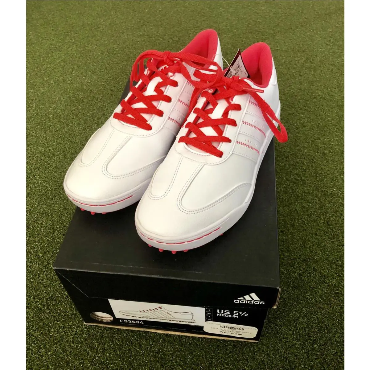 Adidas JR Adicross V Junior`s Spikeless Golf Shoe Size 5.5M White/pink
