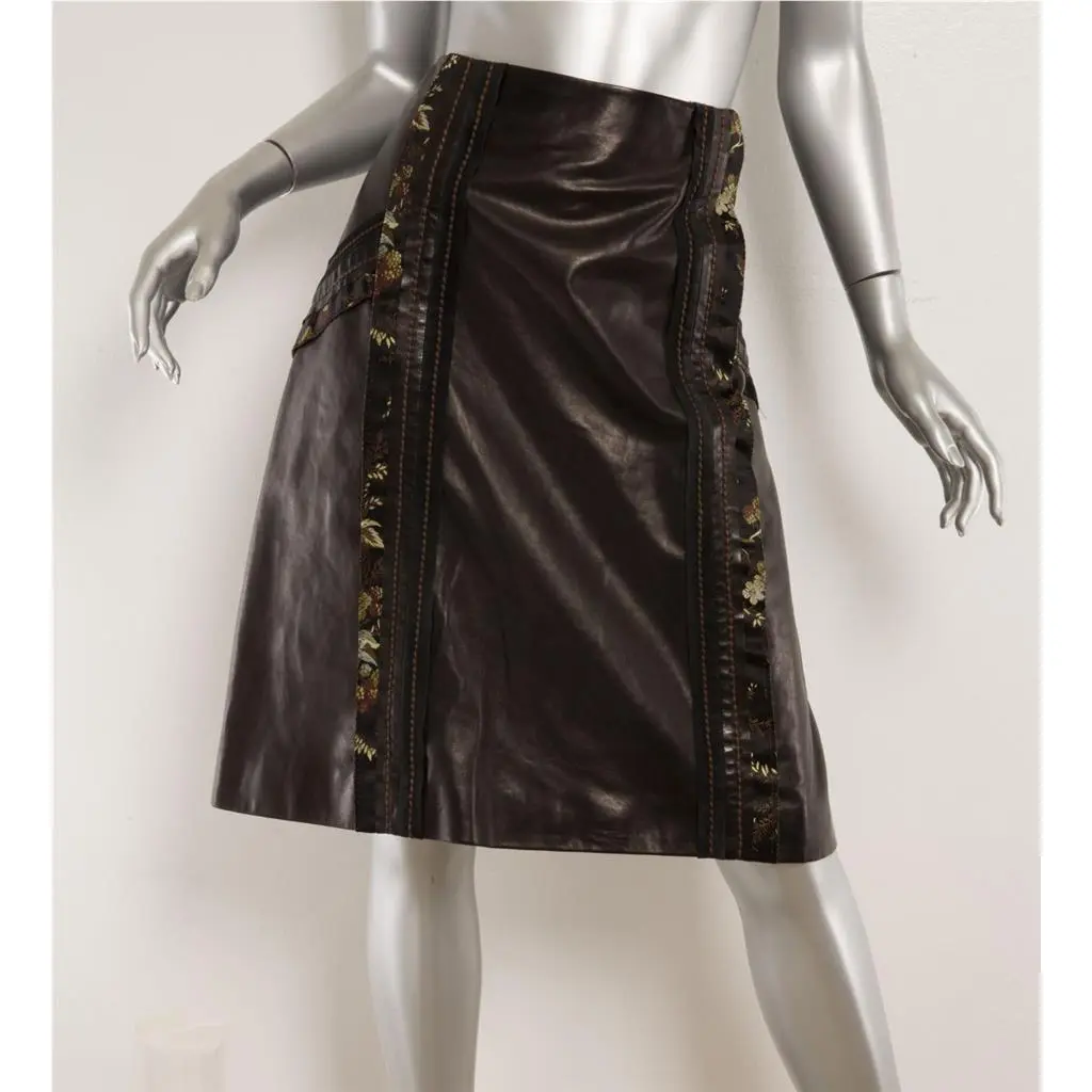 Prada Black Leather Silk Floral Jacquard Stitch Trim A-line Skirt 8-44