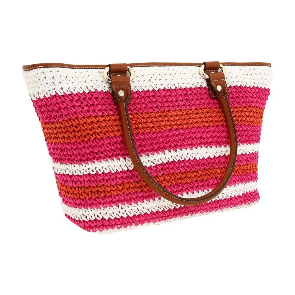 Dkny Pink Orange Straw Brown Leather Large Resort Beach Shopper Tote by DKNY