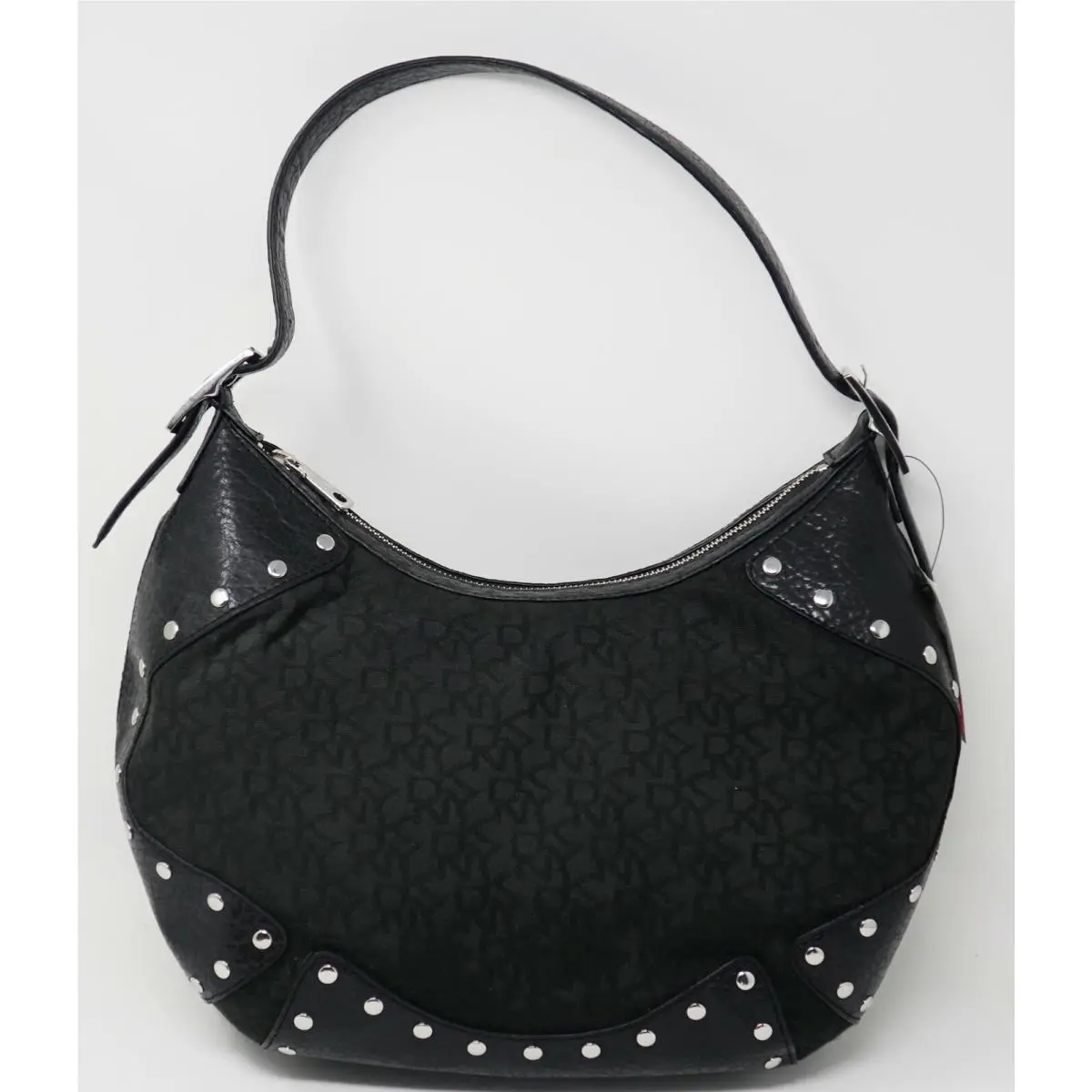 Dkny Chino Black Jacquard Logo Hobo Handbag Purse Silver Stud Detail