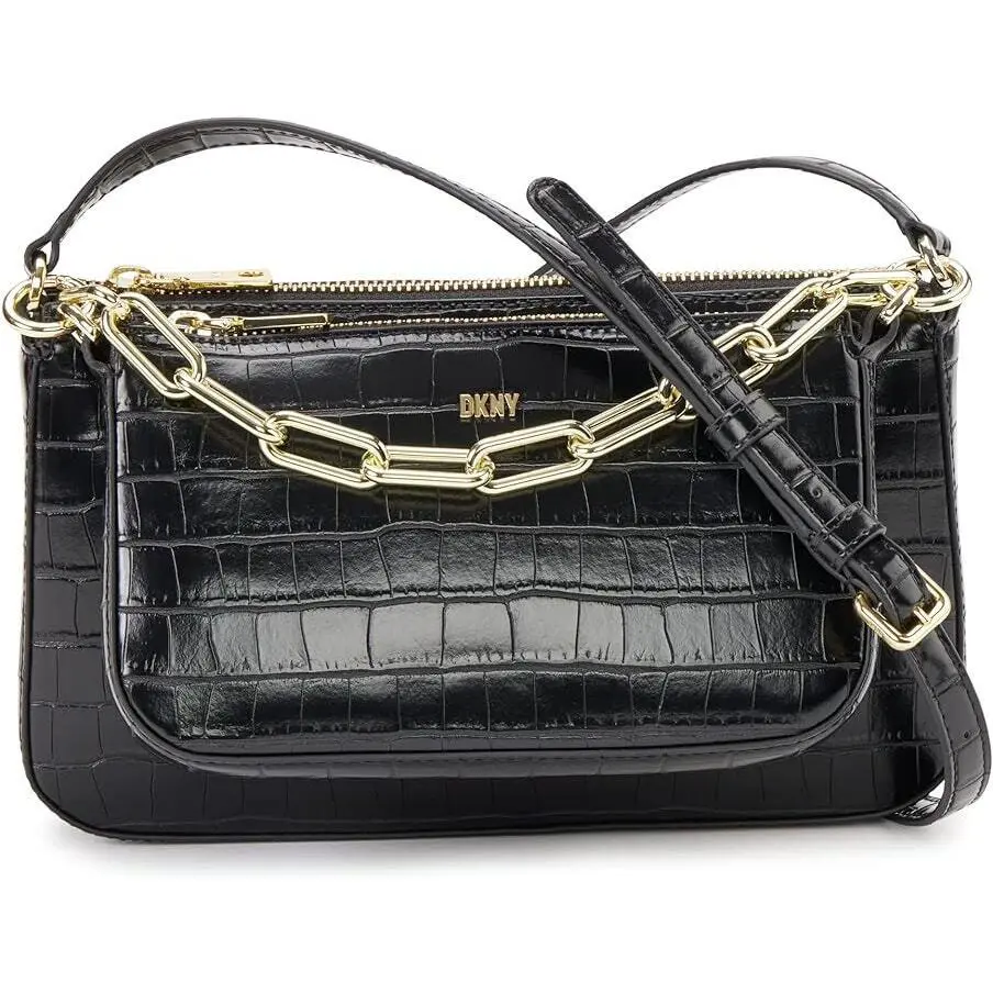 Dkny Lexi Double Demi Crossbody Bag Black/gold - Exterior: Black, Lining: Black, Handle/Strap: Gold