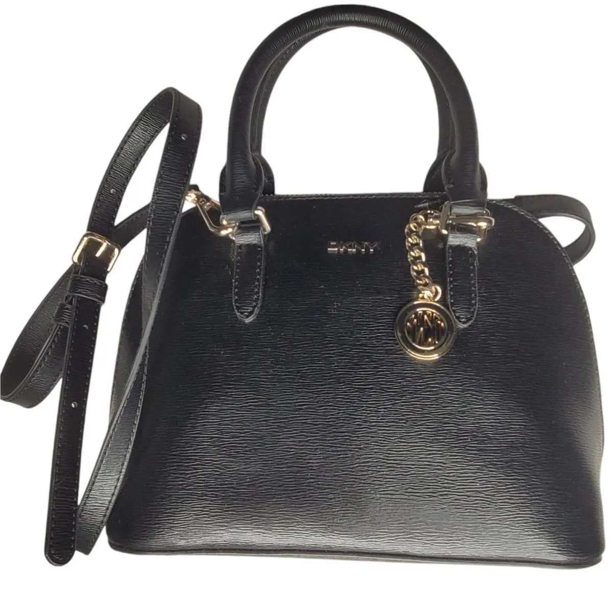 Dkny Bryant Convertible Strap Zip Dome Satchel Handbag Black Gold Tone