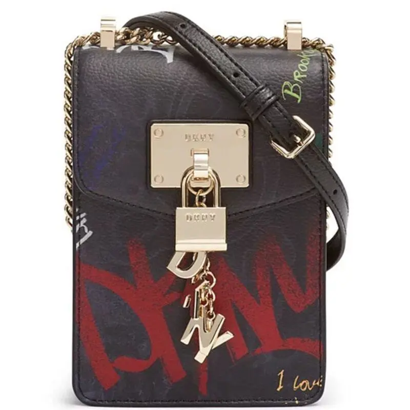 Dkny Black Pebbled Leather Crossbody Bag w/ Graffiti Print Gold Hardware