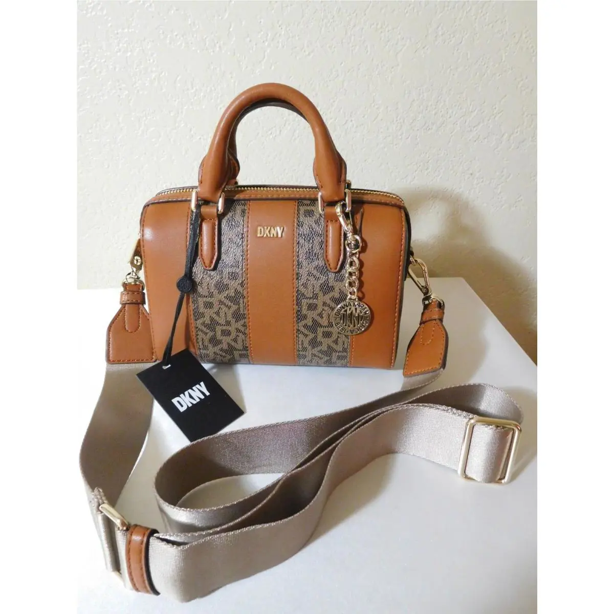 Dkny-bryant Small Duffle Logo Tan/brown Shoulder Bag