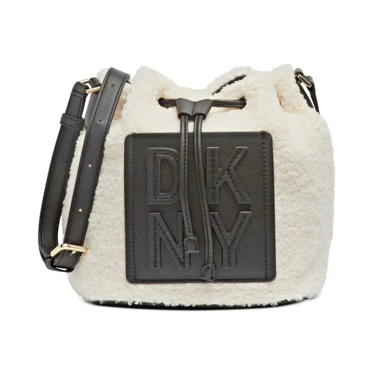 Dkny Ivory Black Sherpa Tilly Drawstring Crossbody Bag