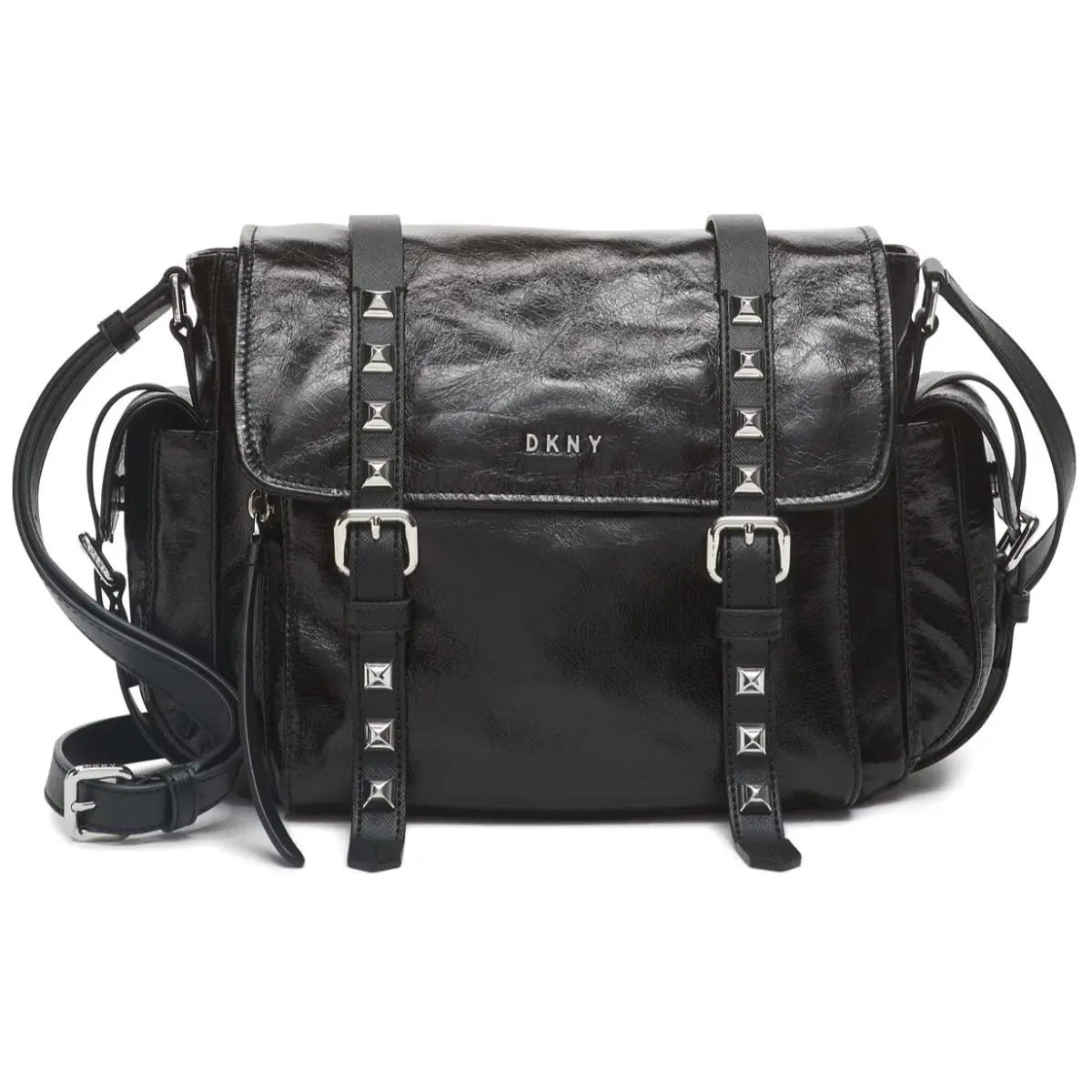 Dkny Women`s Naomi Studded Messenger Bag Black Crinkle Leather Moto Punk