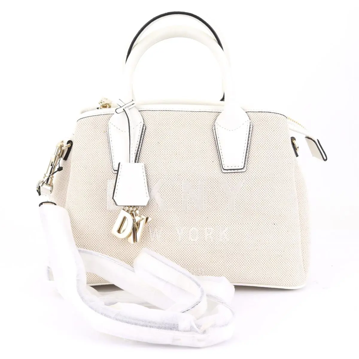 Dkny Hutton Medium Canvas Satchel / Shoulder / Hand Bag Khaki / White