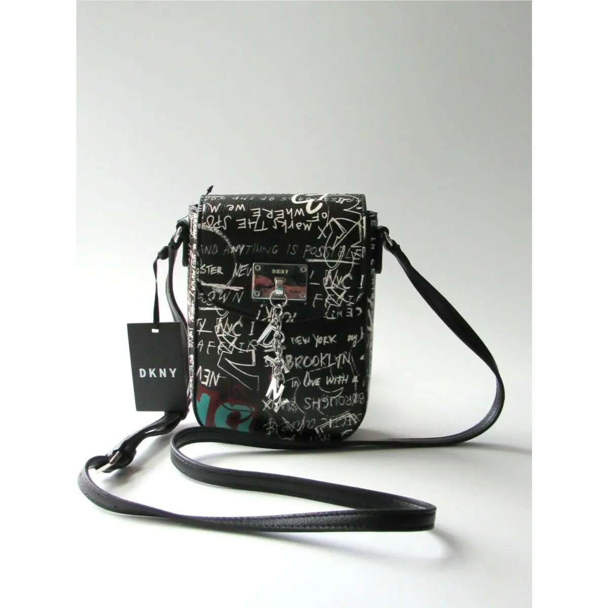 Dkny Graffiti Cleo Phone Crossbody Black White Multi w/ Logo Chain Tag
