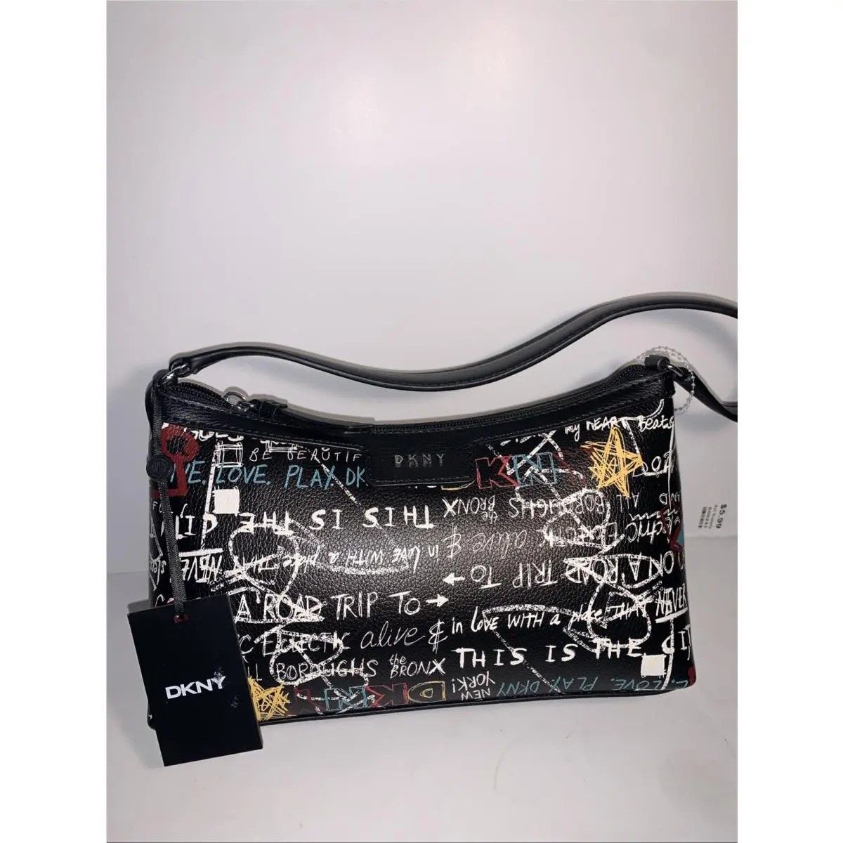 Dkny Carlita EW Bag Black Graffiti Print Leather Shoulder Handbag