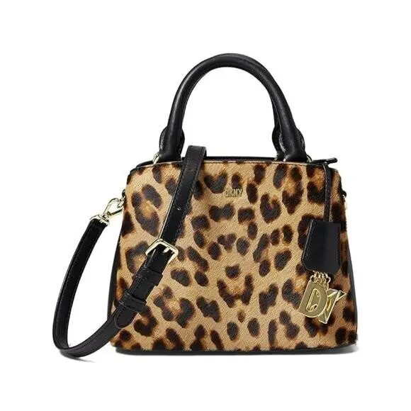 Dkny Brown Black Leopard Print Haircalf Satchel Bag Gold Hardware