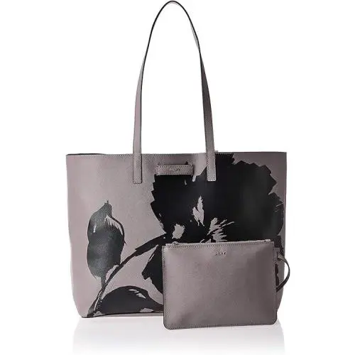 Dkny Large Reversible Tote Bag Gray W/black Flower Motif W/pouch Vegan Leather