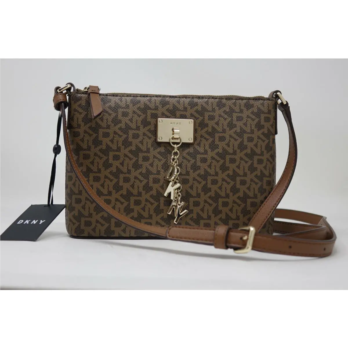 Dkny Cleo Women`s Brown Logo Print Charm Crossbody Bag Handbag Purse