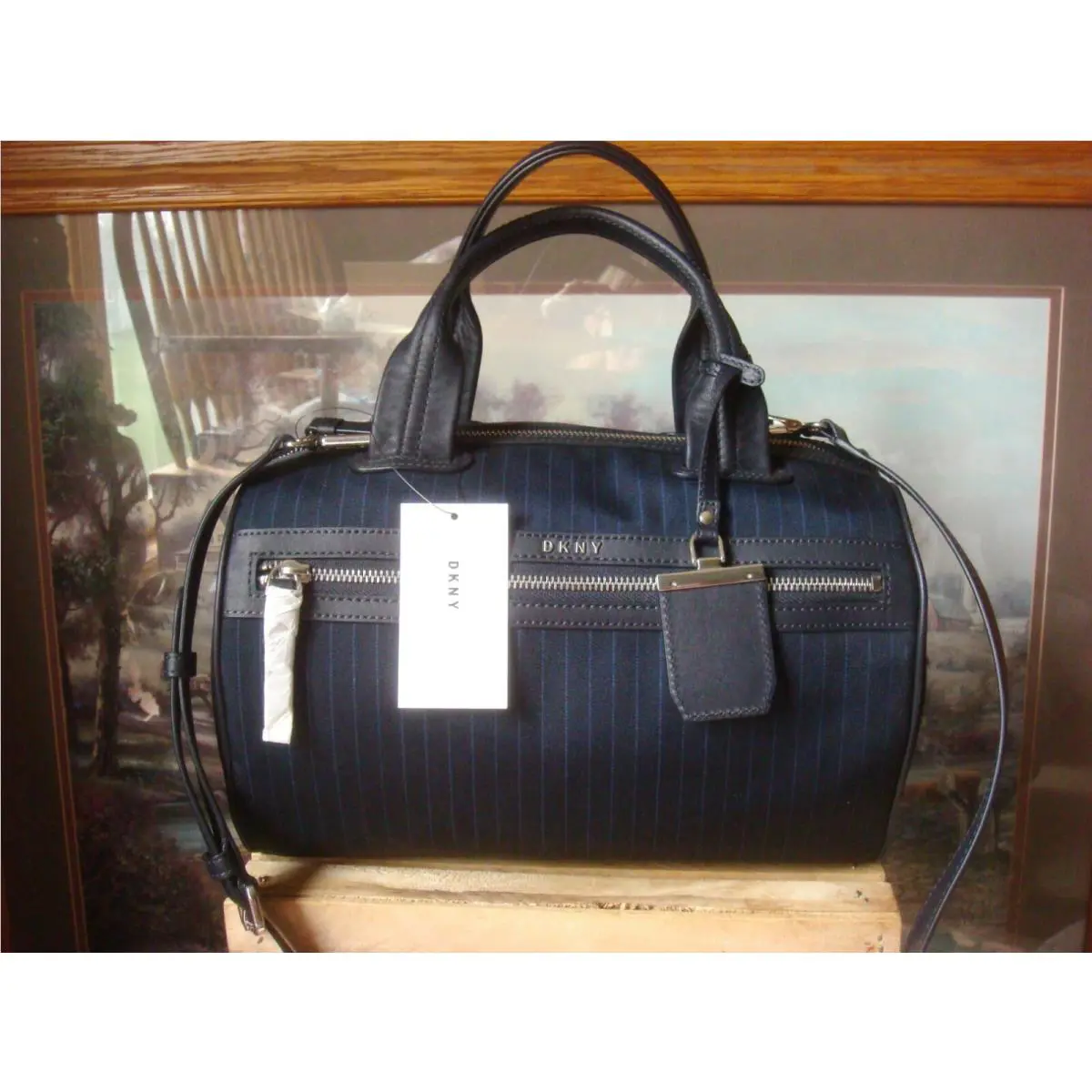 Dkny Navy Blue Pinstripe Canvas Leather Trim Satchel Crossbody