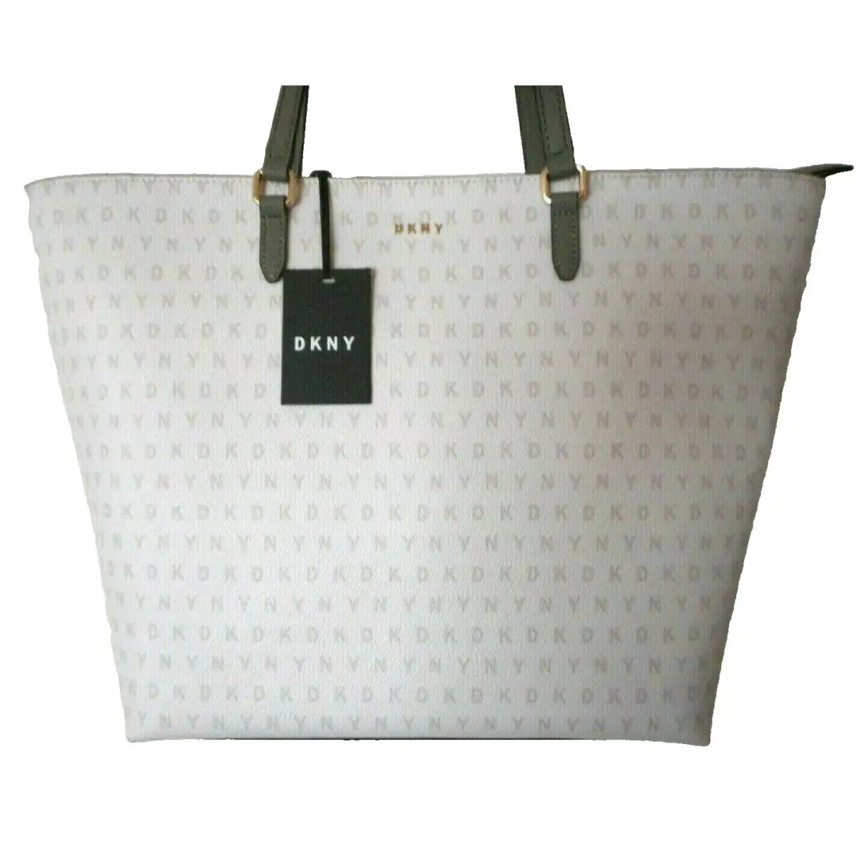 Dkny Cream White Grey and Olive Green Logo Shoulder Tote Handbag Purse