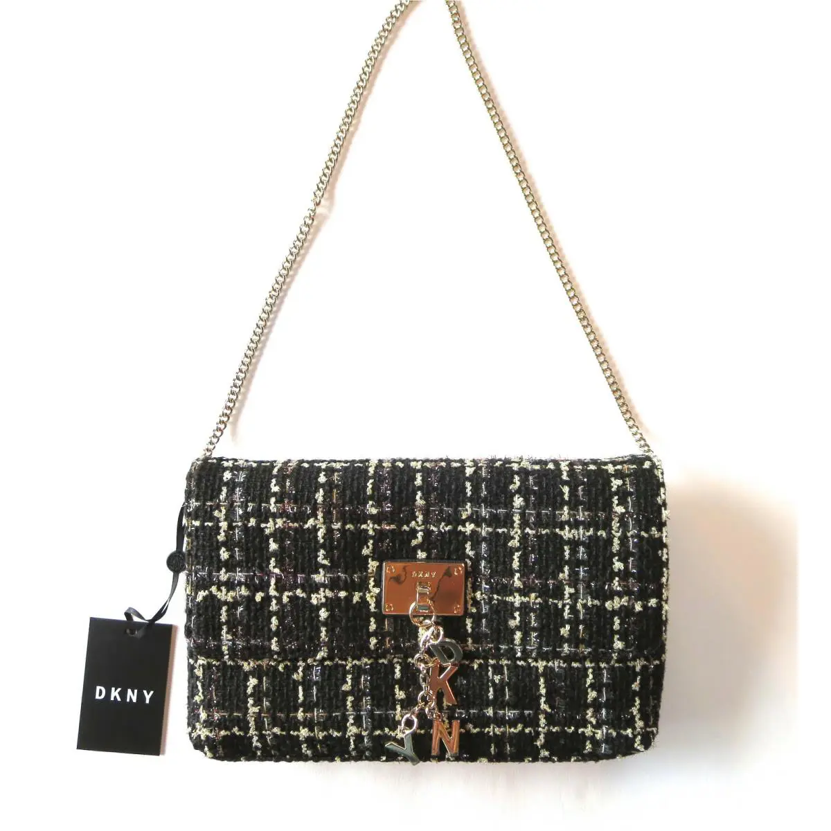 Dkny Cleo Clutch Bag Black/metallic Chain Shoulder Handbag Purse Woven