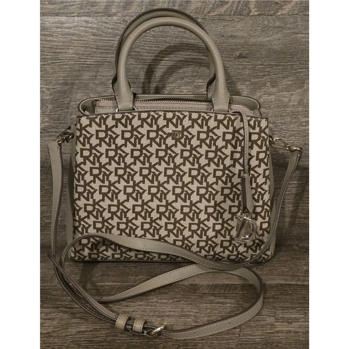 Dkny Paige MD Satchel Bag Crossbody Purse Monogram Brown