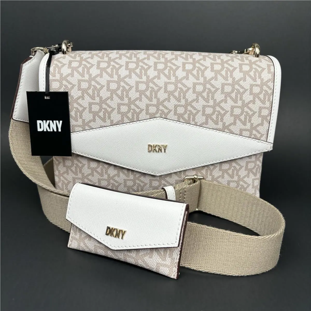 Dkny Winnie Flap Bag Crossbody Shoulder Signature Monogram Chain Purse