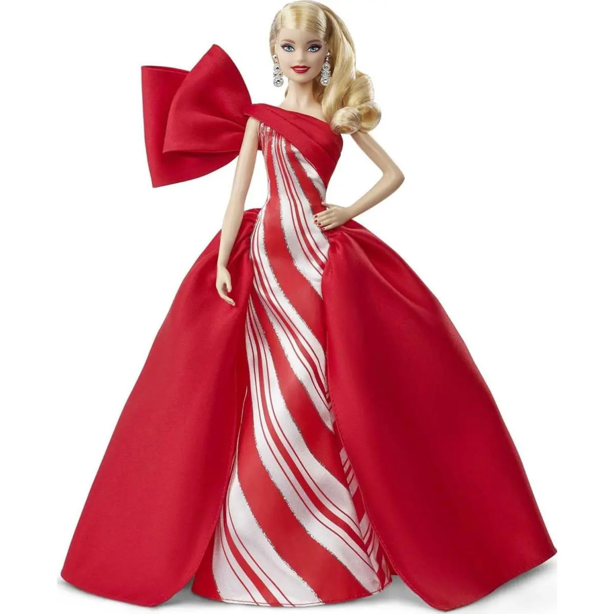 Barbie Signature Holiday Barbie 2019 Red Dress Blonde Wavy Hair + Doll Stand