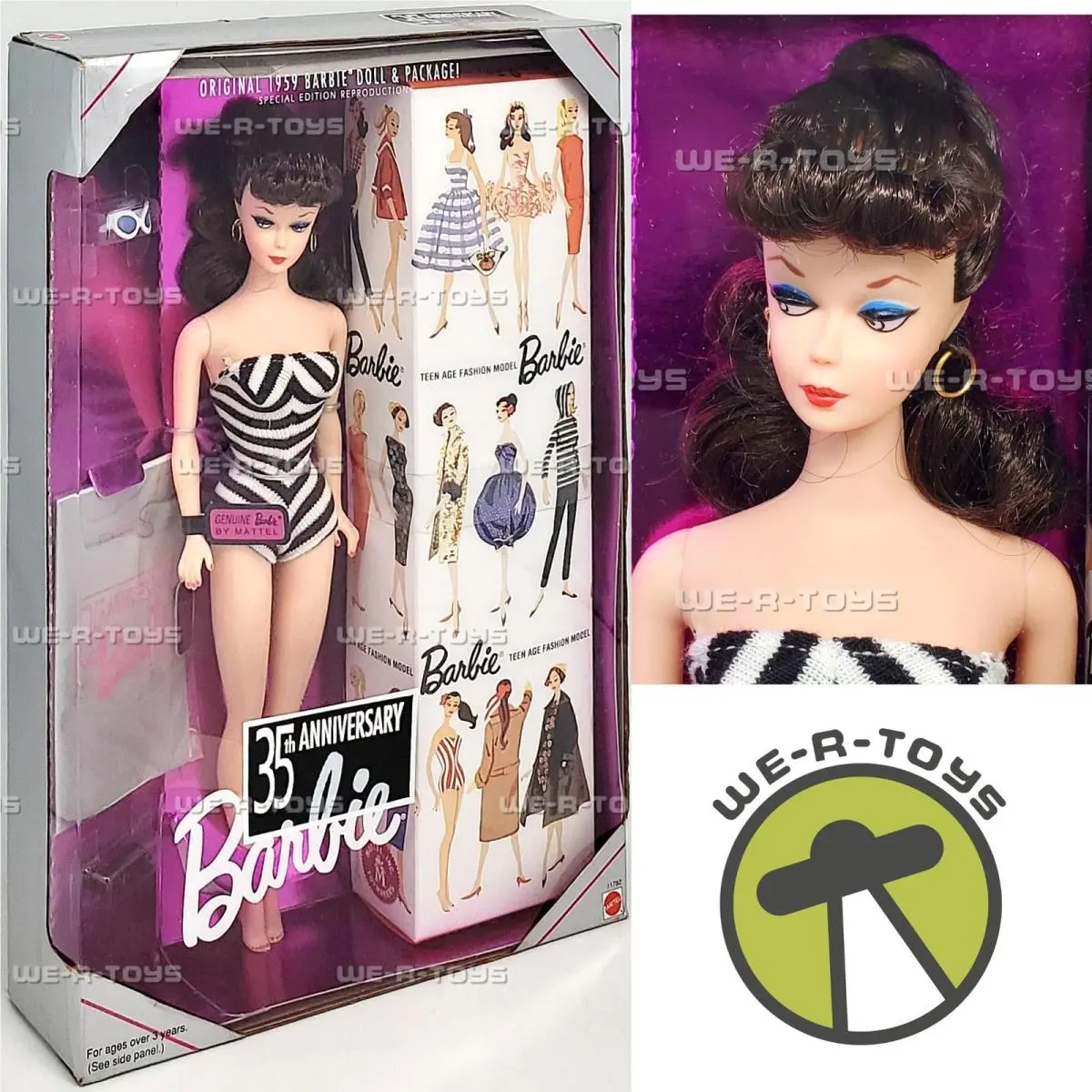 35th Anniversary 1959 Reproduction Brunette Barbie Doll 1993 Mattel 11782