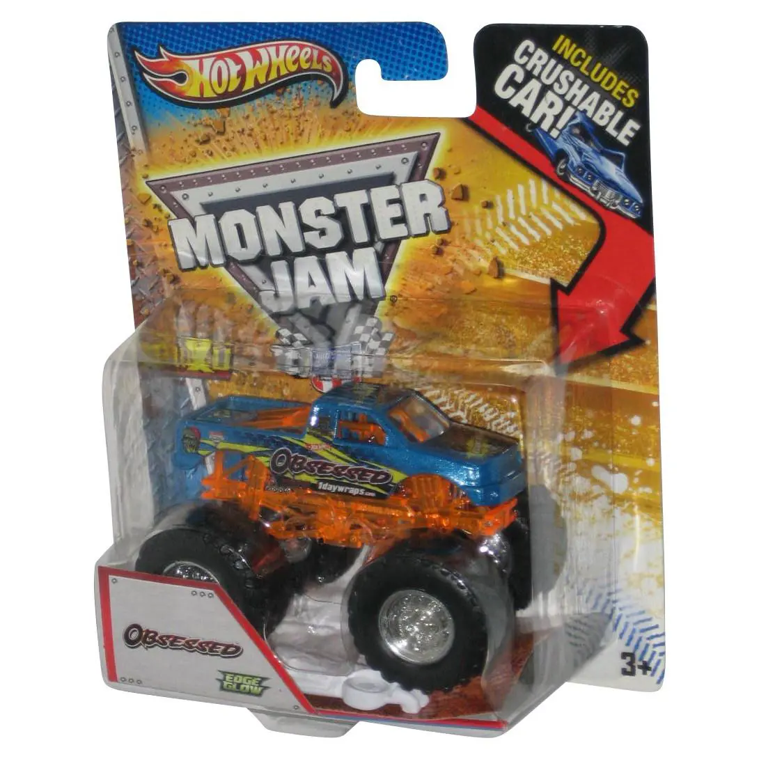 Monster Jam Obsessed Edge Glow 2012 Hot Wheels Blue Truck w/ Crushable Car