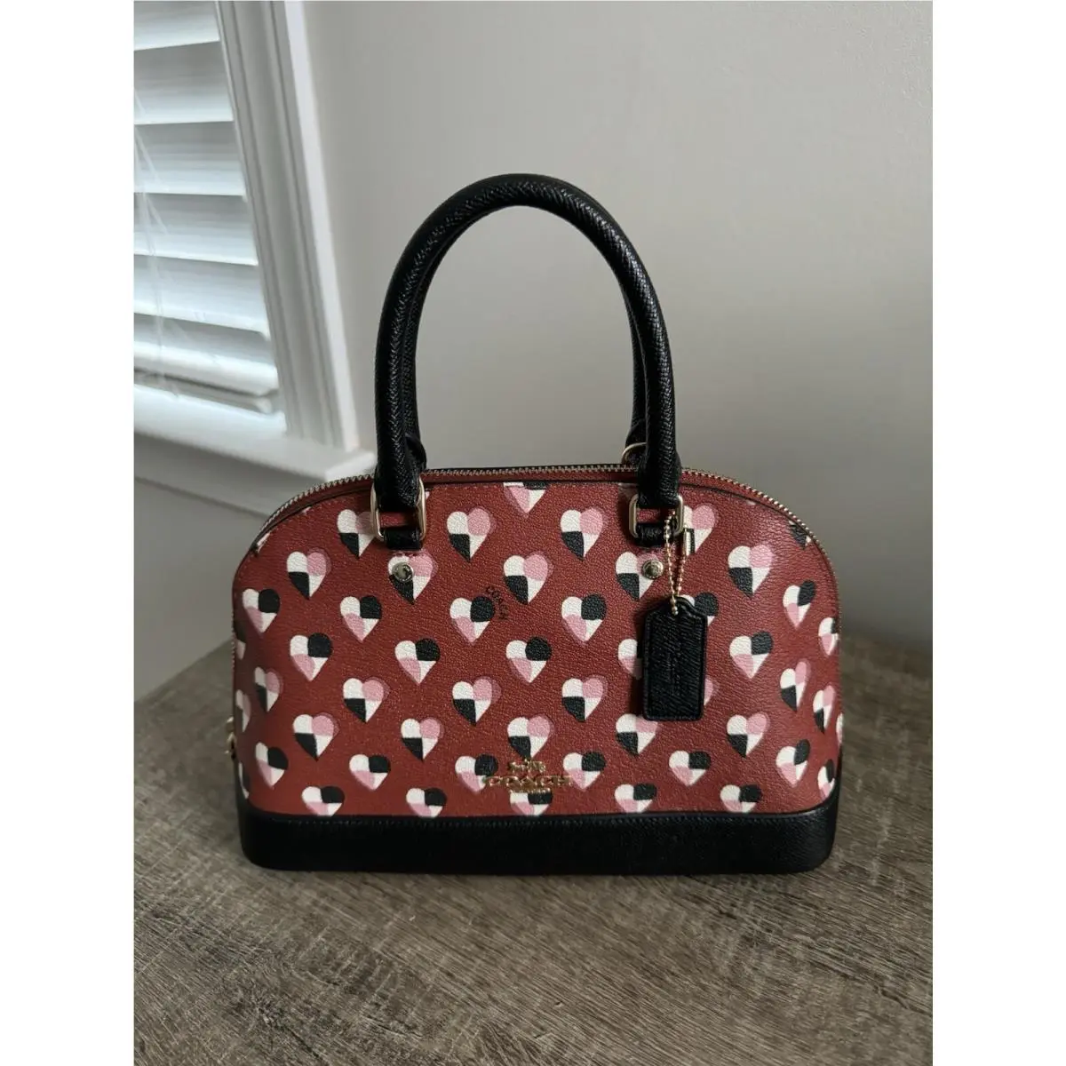 F25916 Mini Sierra Satchel with Checker Heart Print Terracotta Multi by Coach