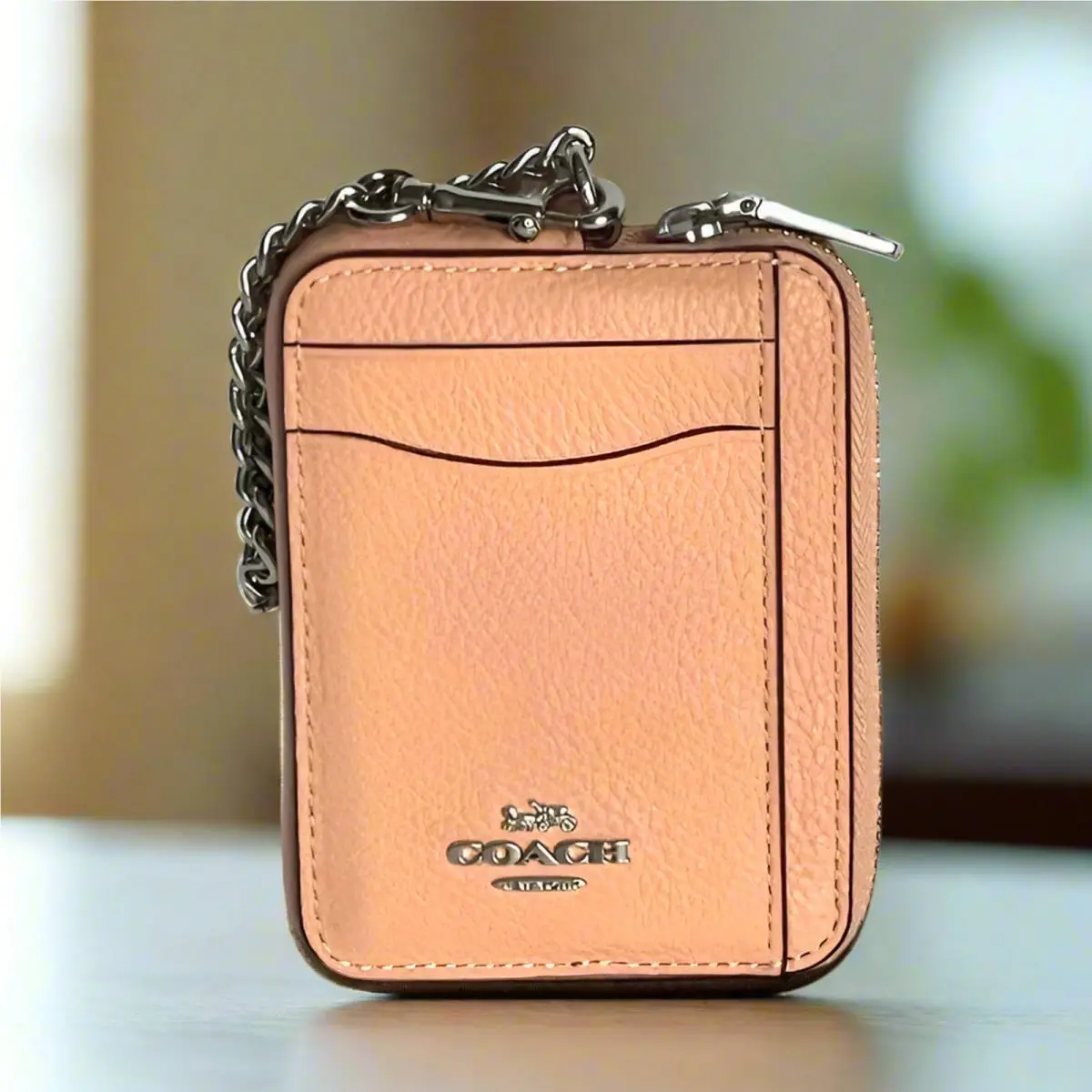 Coach 6303 Zip Card Case Blush Pebbled Leather ID Wallet Chain Strap