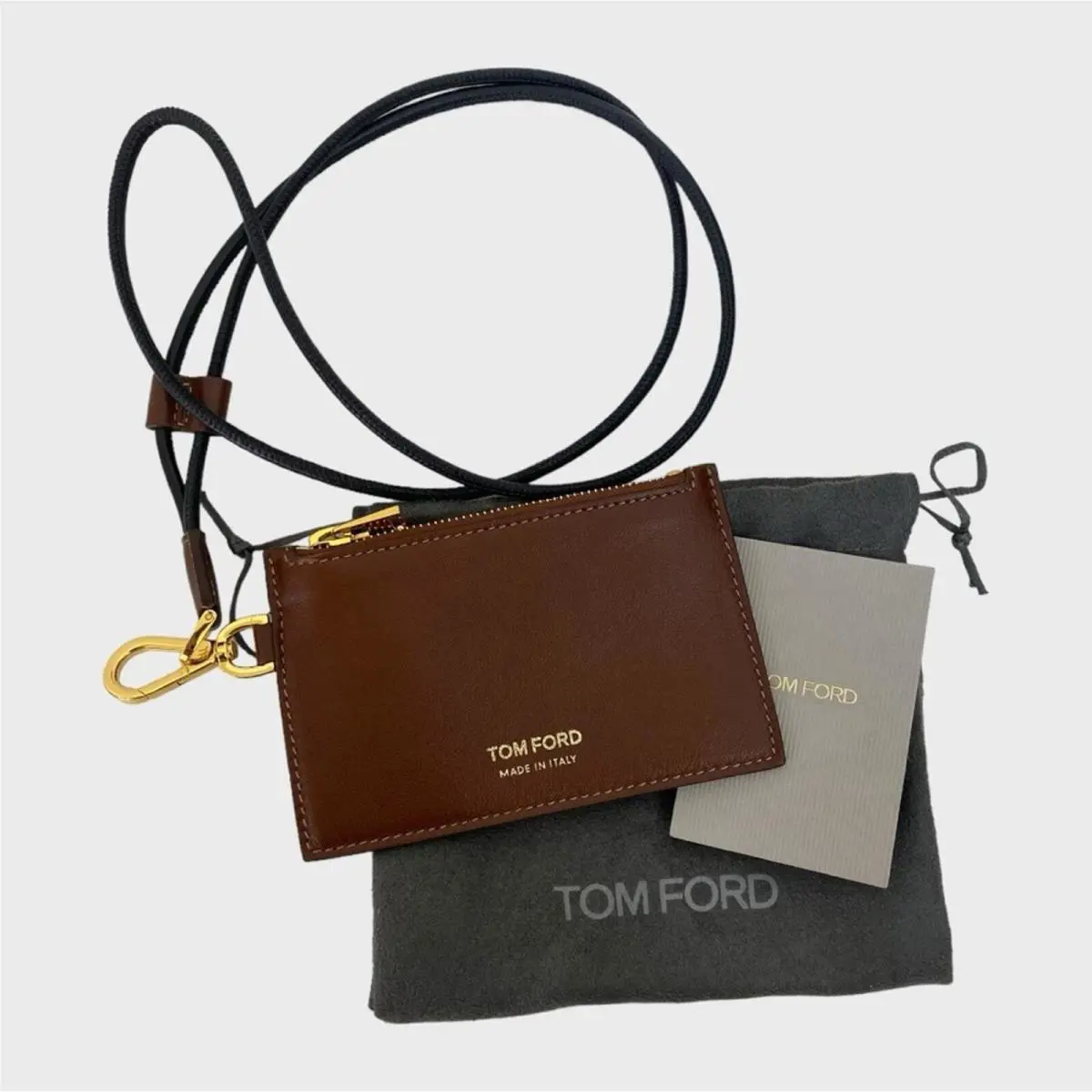 Tom Ford Brown Leather Card Case with Neck Strap
