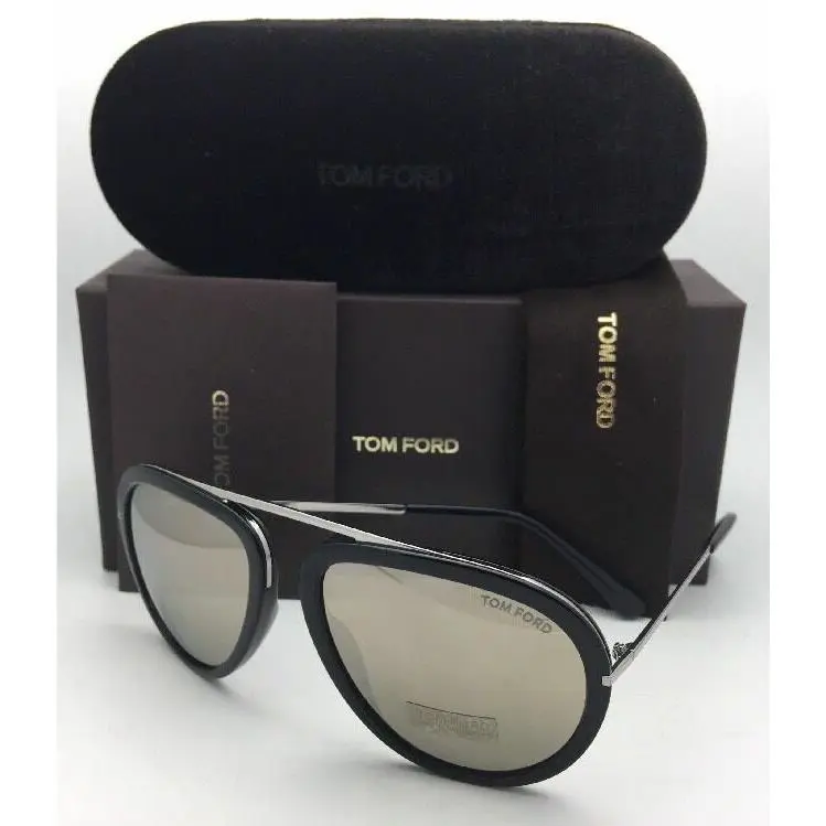 Tom Ford Sunglasses Stacy TF 452 01C 57-16 Black Silver Aviator w/ Mirror