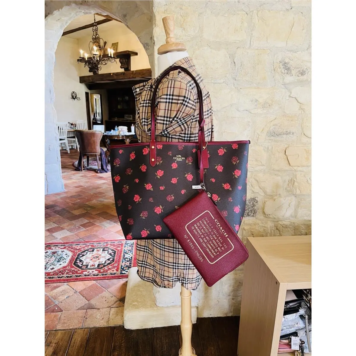 Coach Tossed Floral Peony Floral Reversible Tote Oxblood Cherry + Wristlet