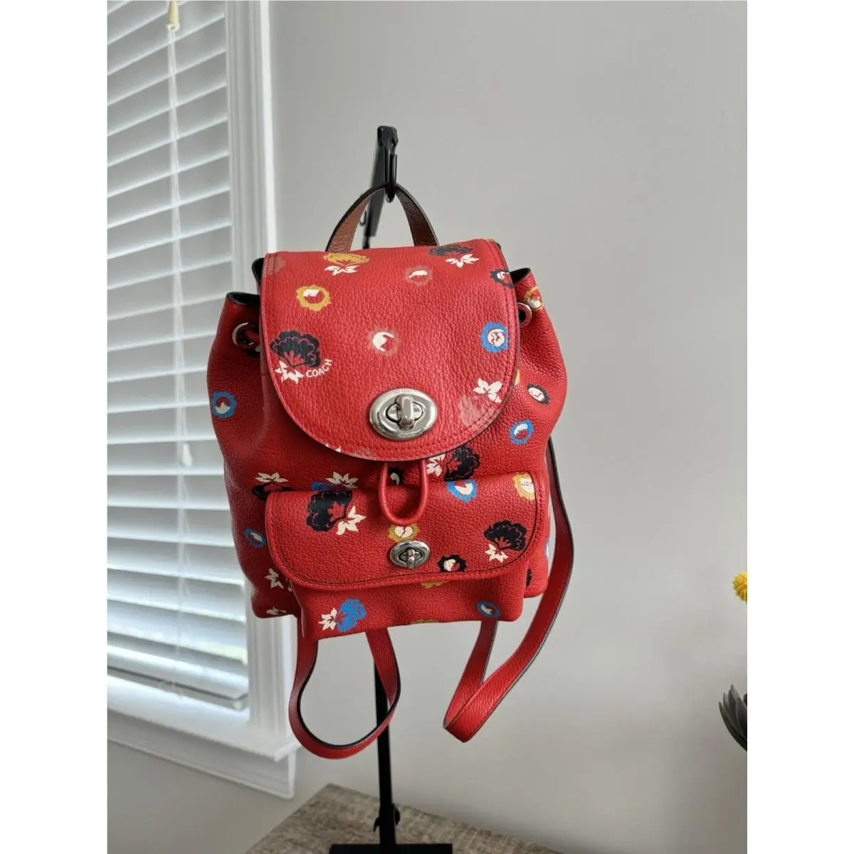 Coach Mini Turnlock Rucksack Floral Print 37738 Backpack Carmine Red Leather