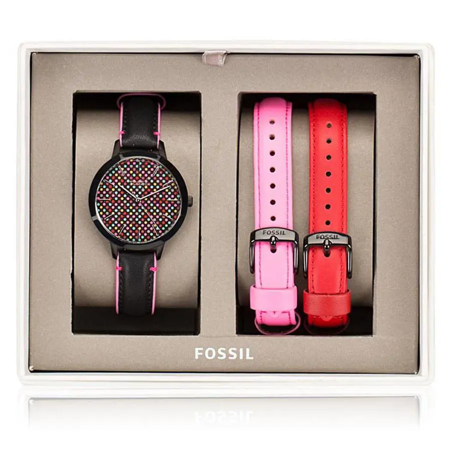 Fossil BQ3151 Polka Dot Black Dial Black Leather Strap Women`s Watch Set