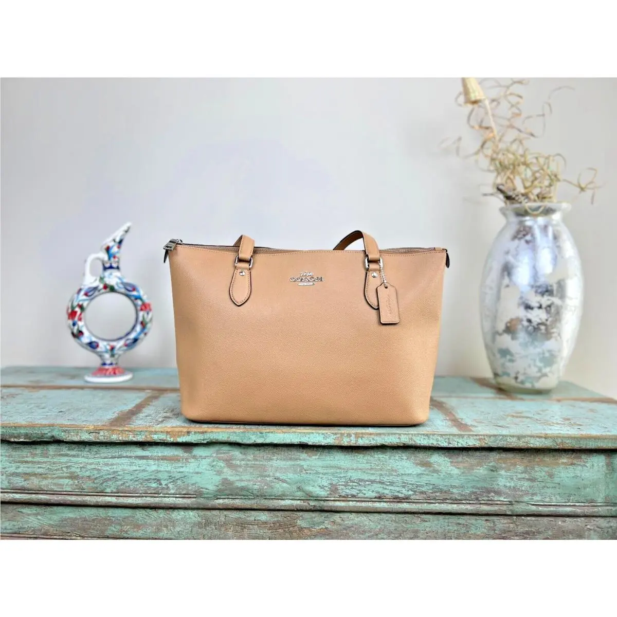 Coach Leather Tote Latte Shoulder Large Bag Purse Silver/latte