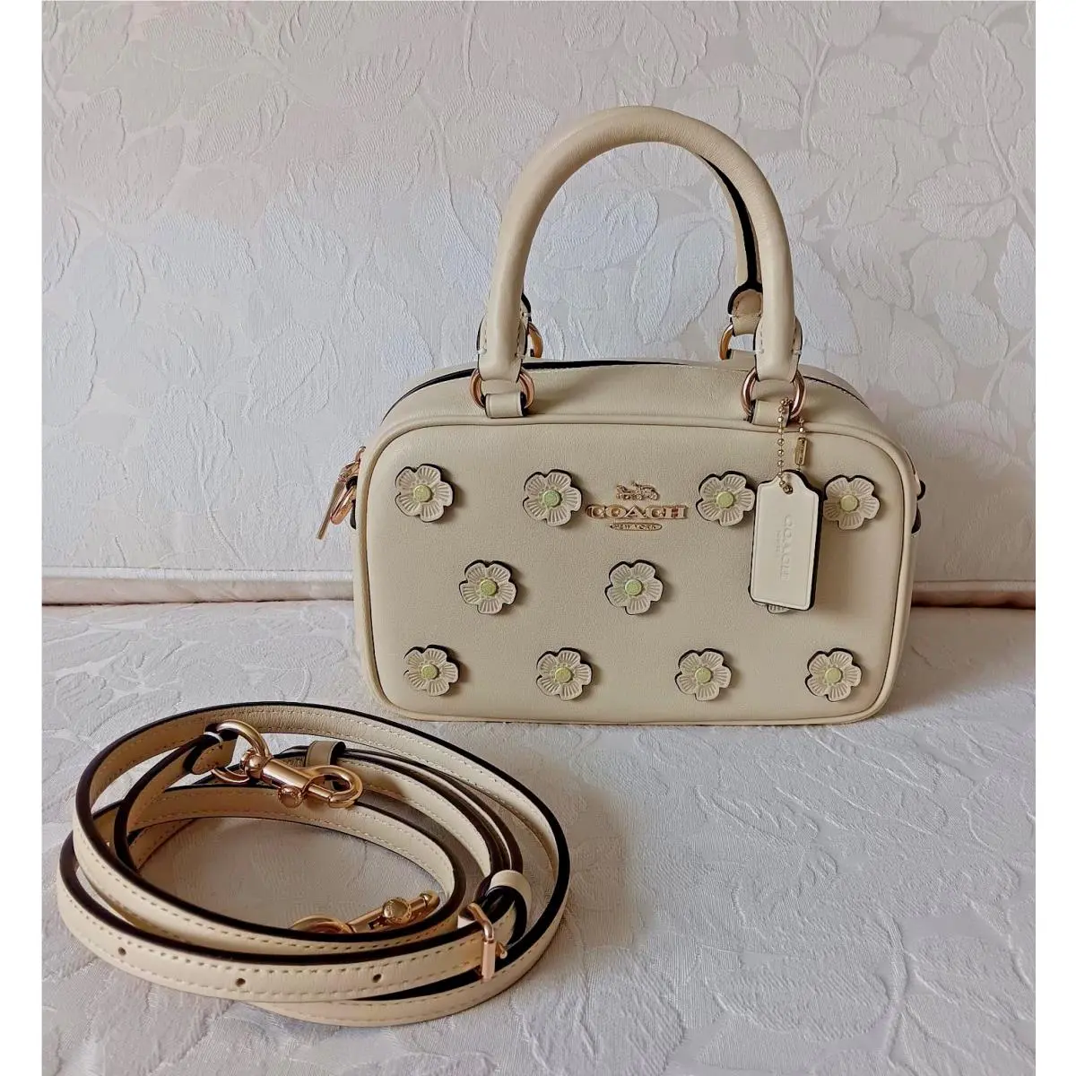 Coach Satchel Crossbody Handbag W/floral Applique CAJ99 In Moonlight Leather