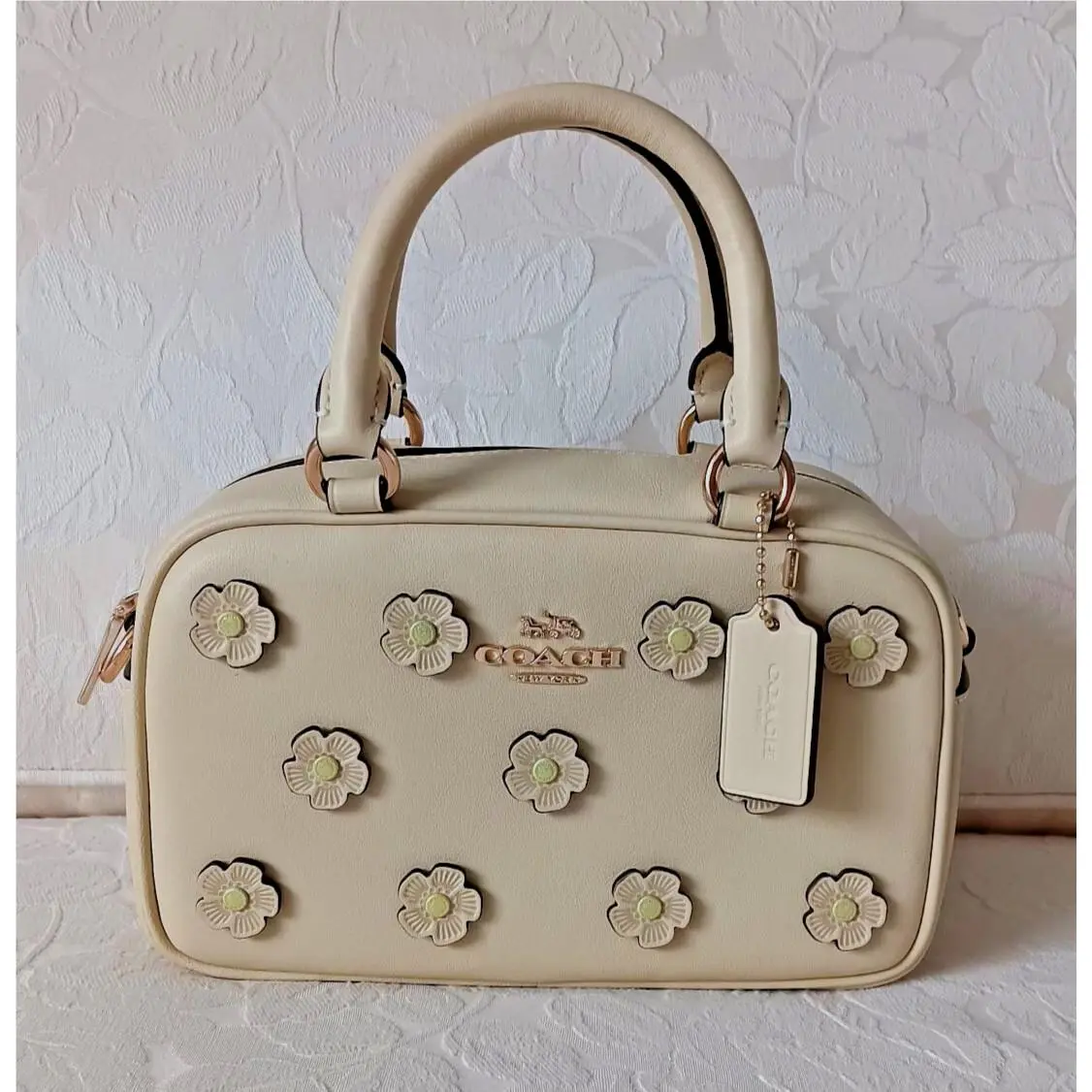 CAJ99 Small Leather Satchel Crossbody with Floral Applique Moonlight by Coach