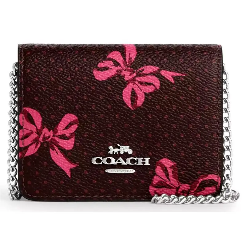 Coach Mini Wallet On a Chain - CZ019 Merlot Coated Canvas W/pink Bow Print