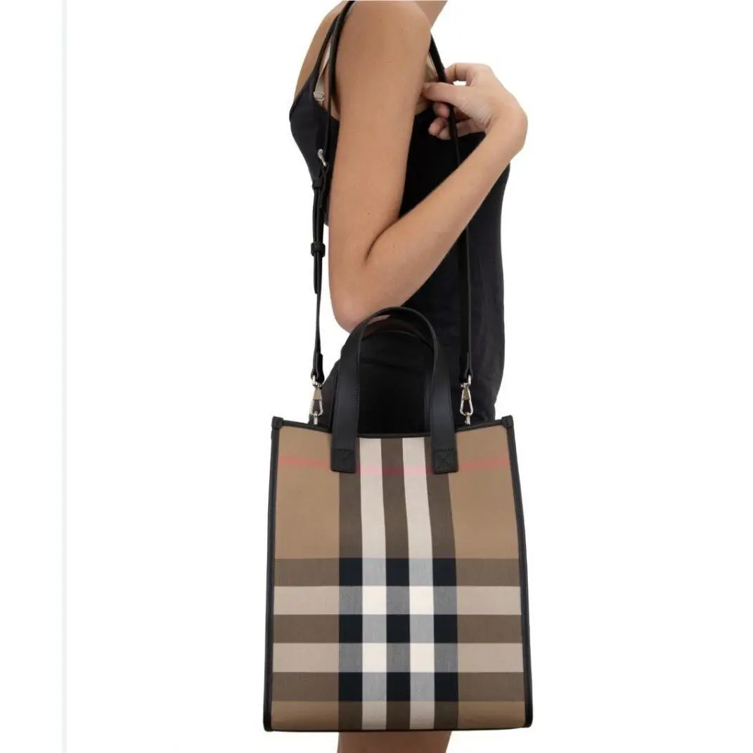 090 Burberry Small Book Tote Taupe/brown with Shoulder Leather Strap 8084552