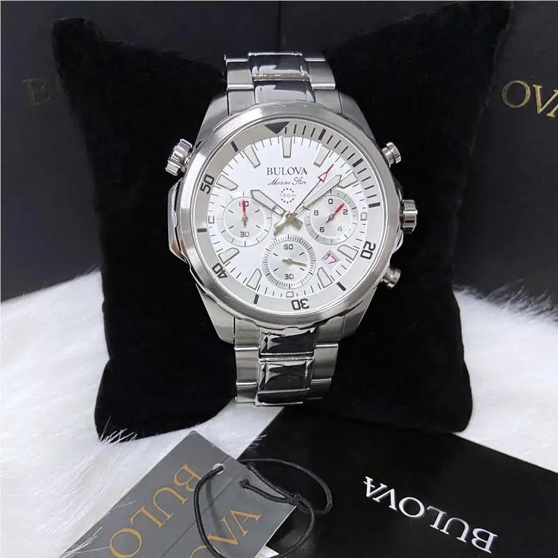 Men Bulova Classic White Marine Star Stainless Steel 96B255 Watch 43MM