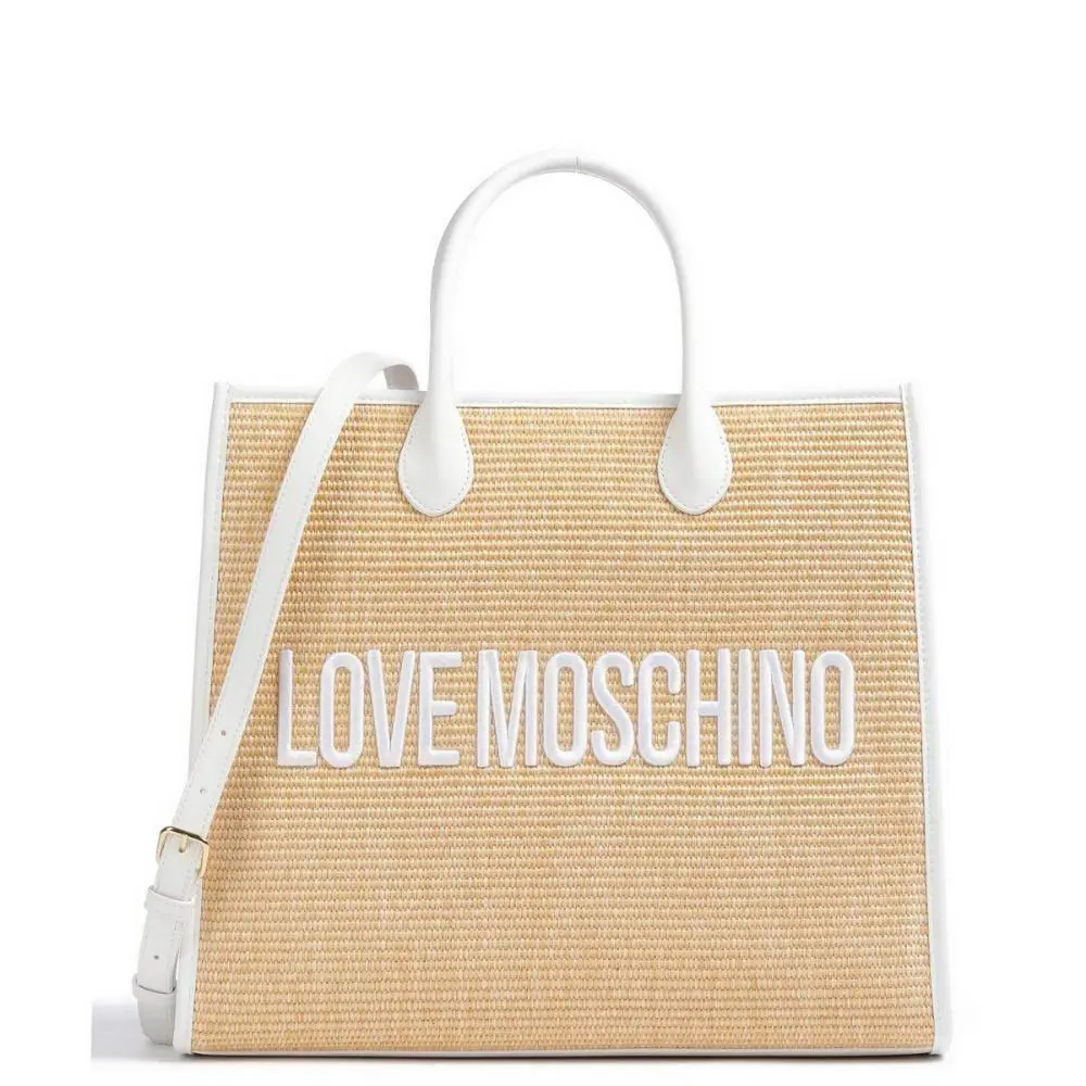 Love Moschino Women`s Handbag Bag Borsa Raffia Nat + PU Bianco JC4318PPOGKN110A - Exterior: White Brown